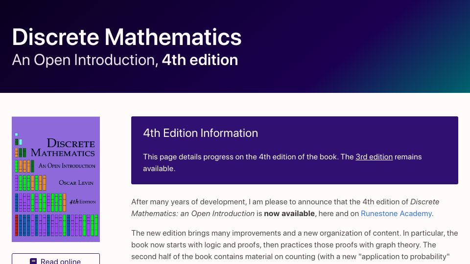 Screenshot of discrete.openmathbooks.org: Discrete Mathematics – An Open Introduction, 4th edition