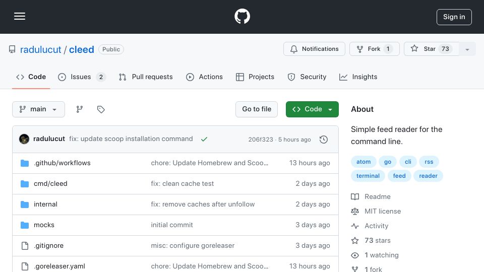 Screenshot of github.com: Show HN: Cleed – Simple feed reader for the command line