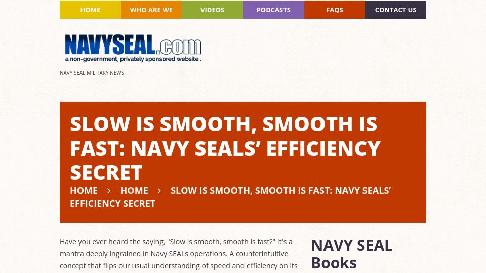 Screenshot of navyseal.com: Slow is smooth, smooth is fast: Navy SEALs' efficiency secret