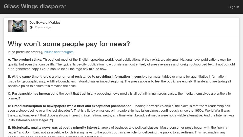 Screenshot of diaspora.glasswings.com: Why won't some people pay for news? (2022)