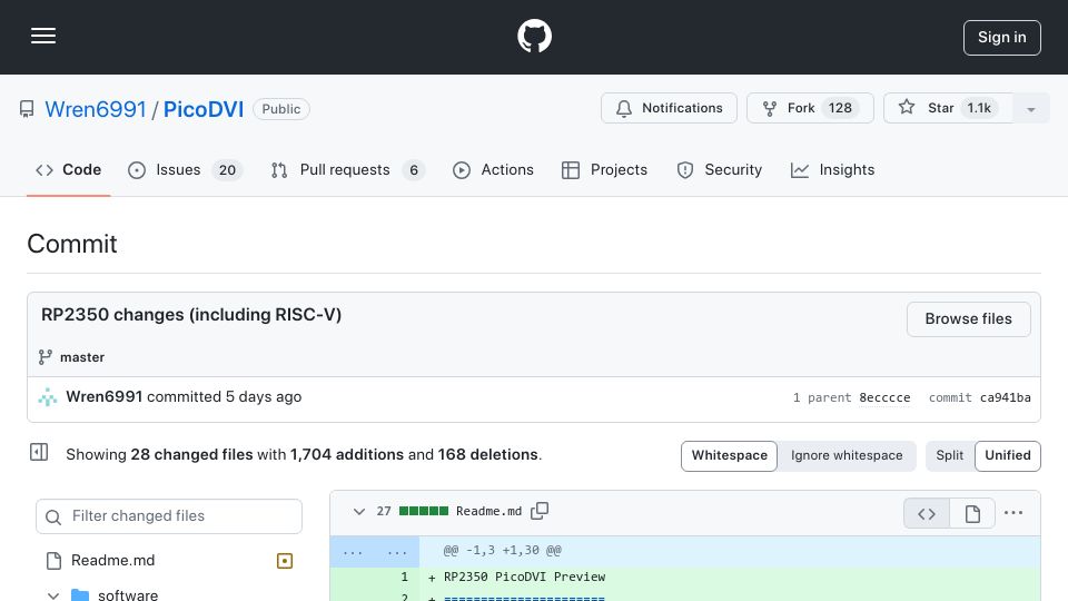 Screenshot of github.com: RP2350 PicoDVI Preview
