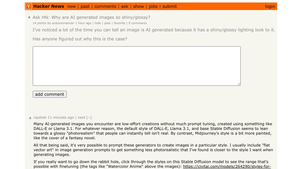 Screenshot of Hacker News post: Ask HN: Why are AI generated images so shiny/glossy?