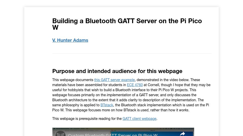 Screenshot of vanhunteradams.com: Building a GATT Server on Pi Pico W