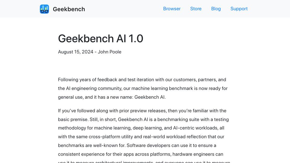 Screenshot of geekbench.com: Geekbench AI 1.0
