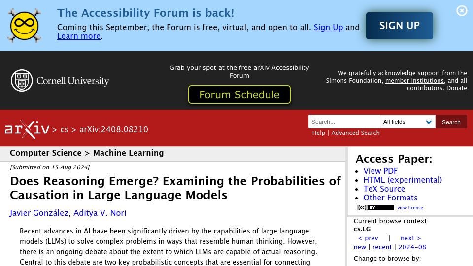 Screenshot of arxiv.org: Does Reasoning Emerge? Probabilities of Causation in Large Language Models