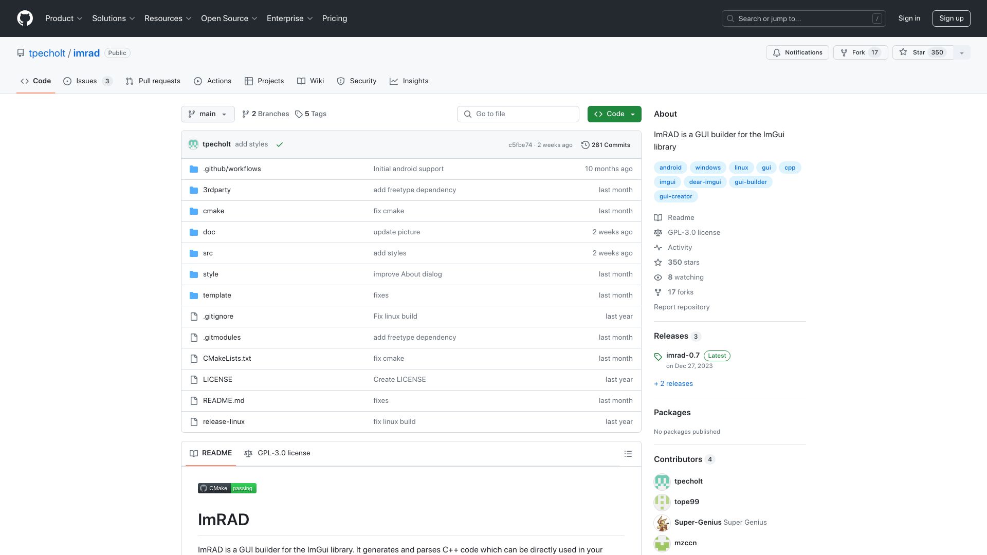 Screenshot of github.com: ImRAD is a GUI builder for the ImGui library