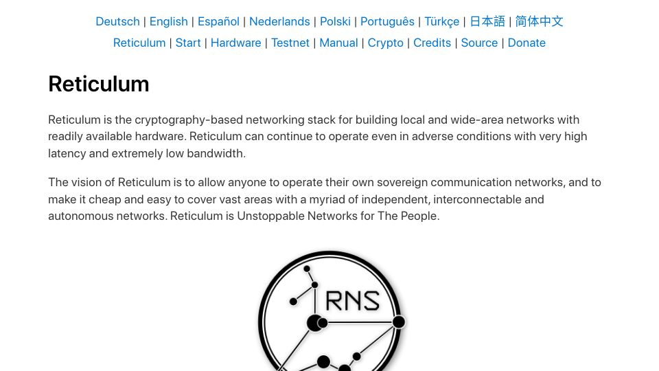 Screenshot of reticulum.network: Reticulum Is Unstoppable Networks for the People