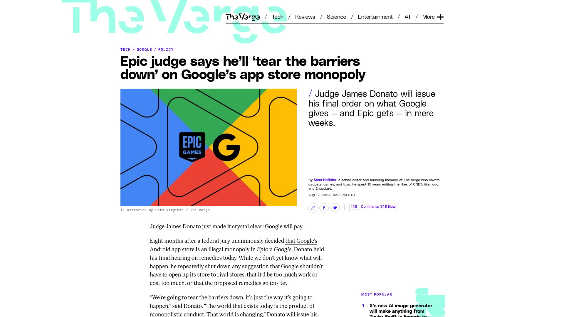 Screenshot of theverge.com: Epic vs. Google judge says he'll 'tear the barriers down' on Google's app store
