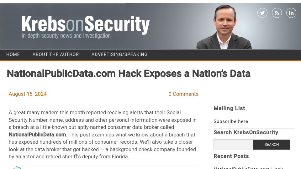 Screenshot of krebsonsecurity.com: Nationalpublicdata.com hack exposes a nation's data