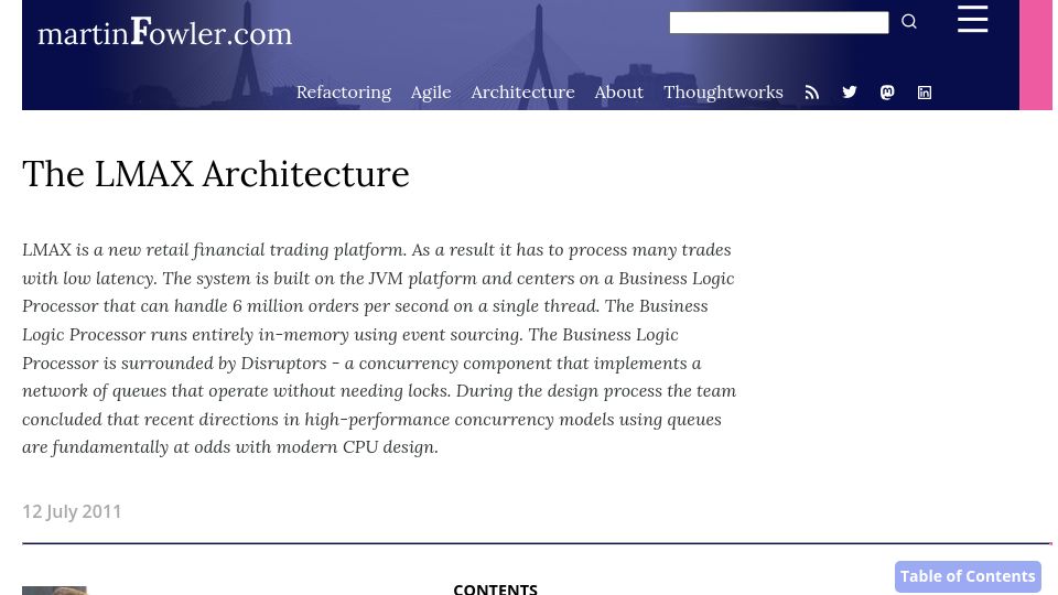 Screenshot of martinfowler.com: The LMAX Architecture (2011)
