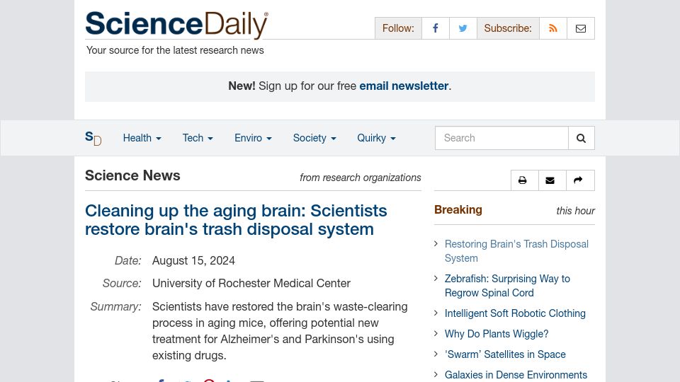 Screenshot of sciencedaily.com: Cleaning up the aging brain: Scientists restore brain's trash disposal system