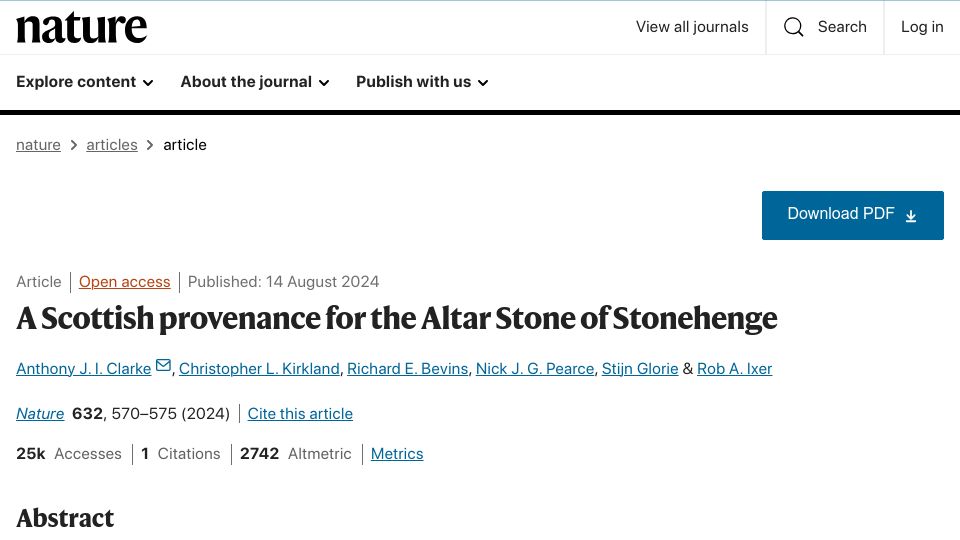 Screenshot of nature.com: A Scottish Provenance for the Altar Stone of Stonehenge