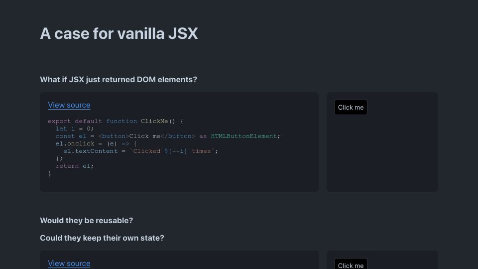 Screenshot of vanillajsx.com: VanillaJSX.com