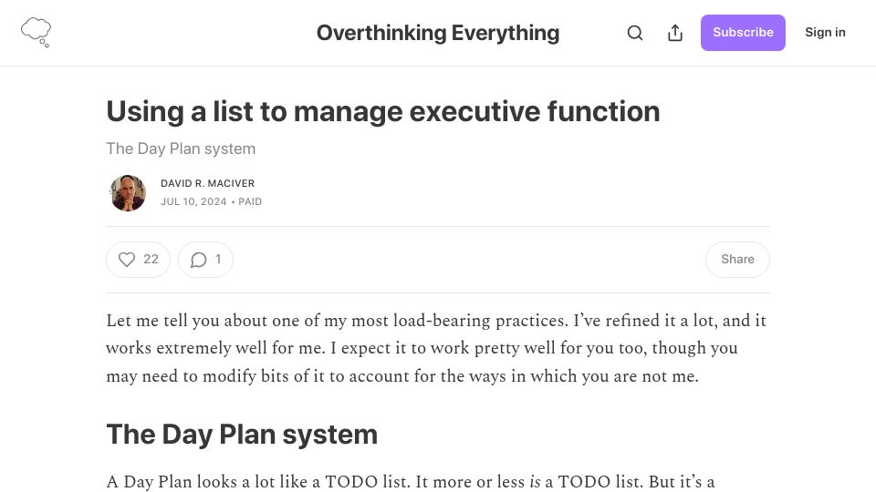 Screenshot of drmaciver.substack.com: Using a list to manage executive function
