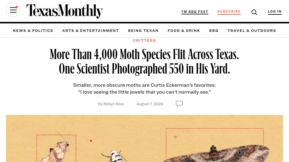 Screenshot of texasmonthly.com: A Texas "moth man" photographed 550 species in his own yard