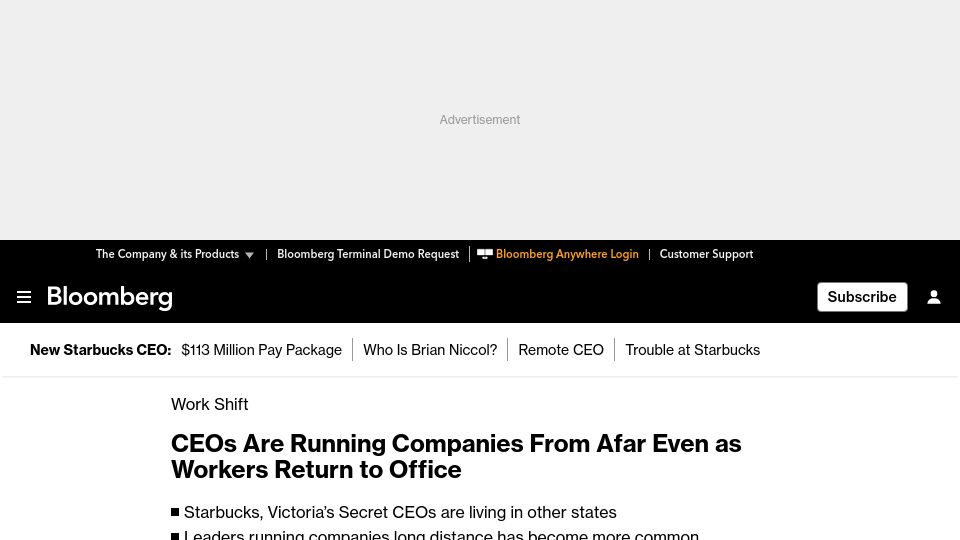 Screenshot of bloomberg.com: CEOs are running companies from afar even as workers return to office