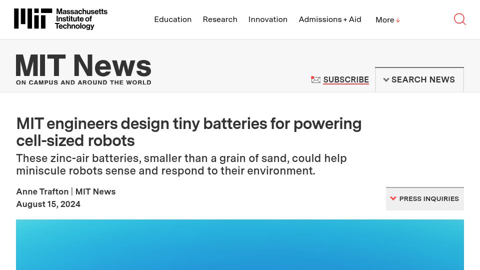 Screenshot of news.mit.edu: MIT engineers design tiny batteries for powering cell-sized robots