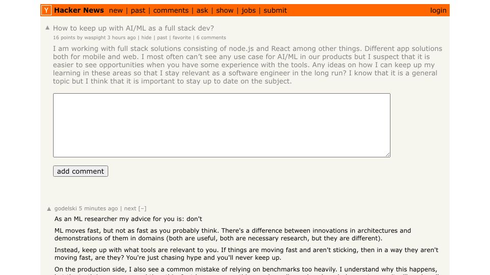Screenshot of Hacker News post: How to keep up with AI/ML as a full stack dev?