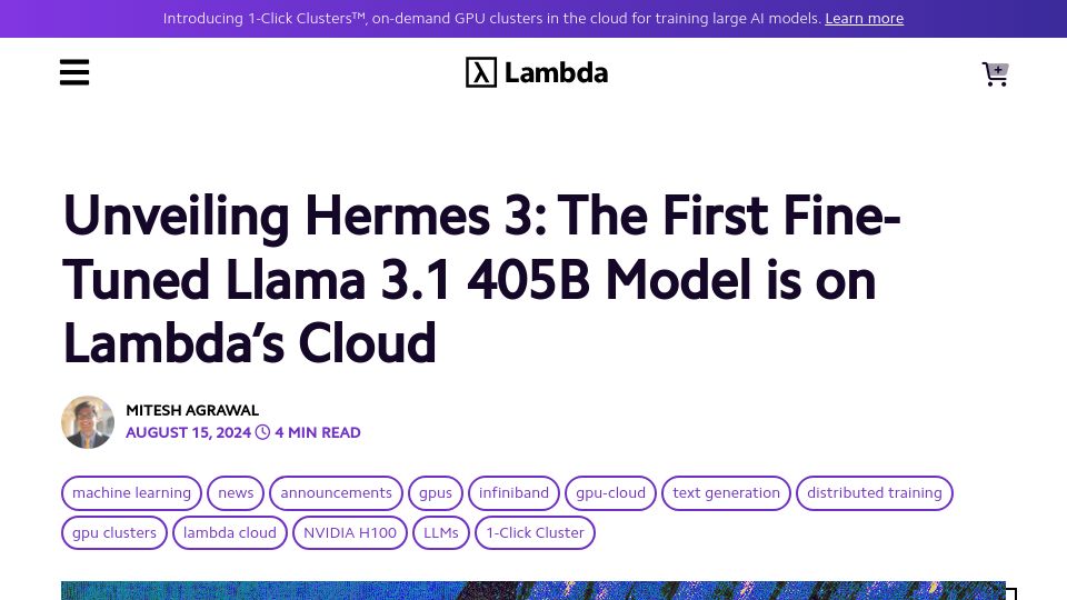 Screenshot of lambdalabs.com: Hermes 3: The First Fine-Tuned Llama 3.1 405B Model