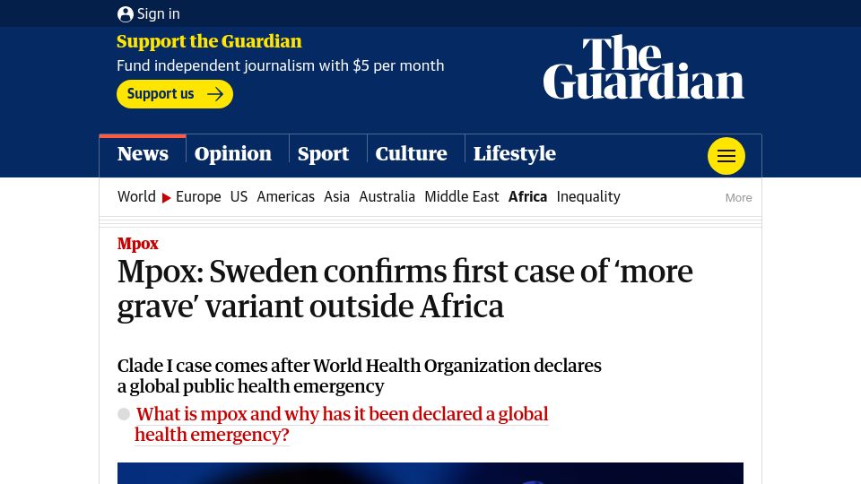 Screenshot of theguardian.com: Mpox: Sweden confirms first case of 'more grave' variant outside Africa