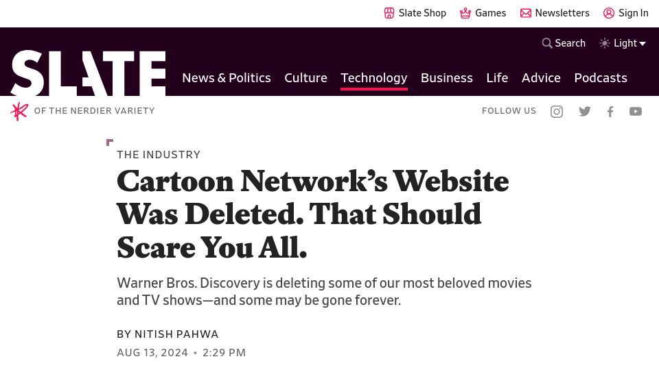 Screenshot of slate.com: Cartoon Network's Website Was Deleted. That Should Scare You All