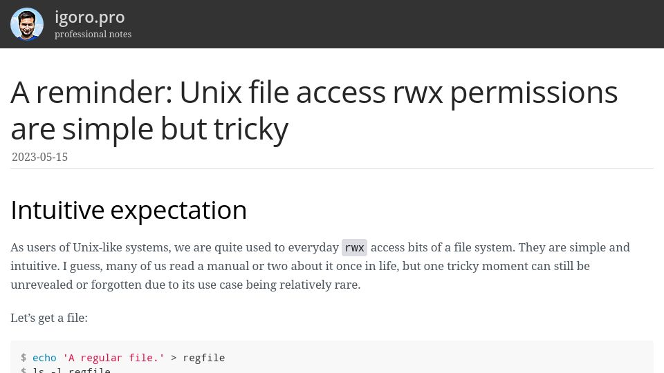 Screenshot of igoro.pro: Unix file access rwx permissions are simple but tricky