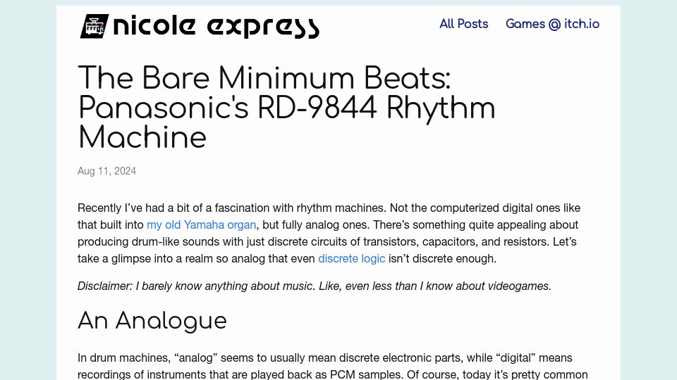 Screenshot of nicole.express: The Bare Minimum Beats: Panasonic's RD-9844 Rhythm Machine