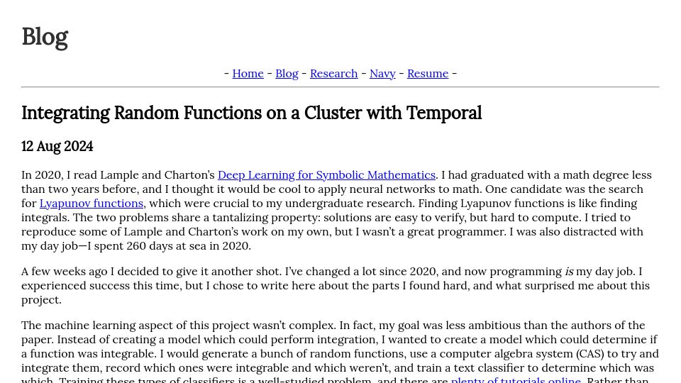 Screenshot of carlkolon.com: Integrating Random Functions on a Cluster with Temporal