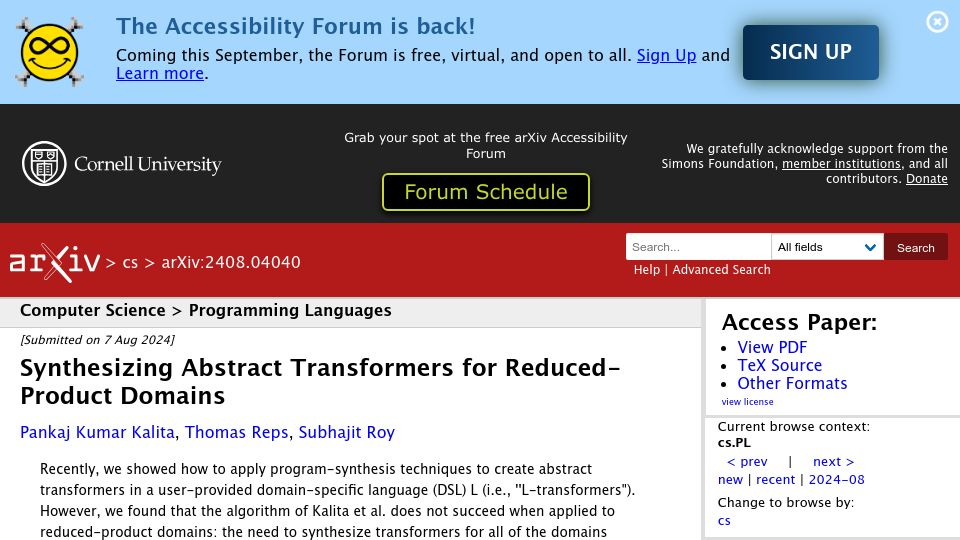 Screenshot of arxiv.org: Synthesizing Abstract Transformers for Reduced-Product Domains