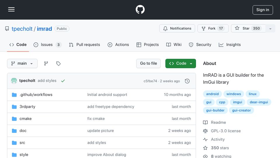 Screenshot of github.com: ImRAD is a GUI builder for the ImGui library