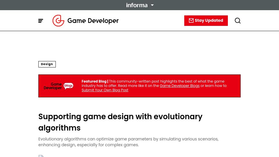 Screenshot of gamedeveloper.com: Supporting game design with evolutionary algorithms