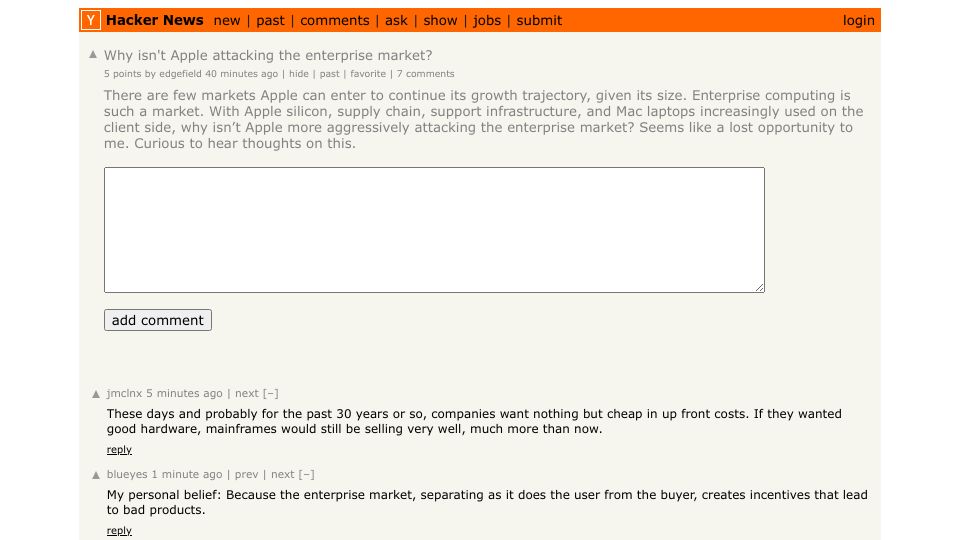 Screenshot of Hacker News post: Why isn't Apple attacking the enterprise market?