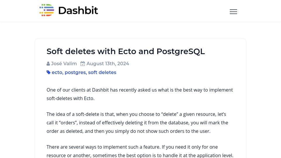 Screenshot of dashbit.co: Soft Deletes with Ecto and PostgreSQL