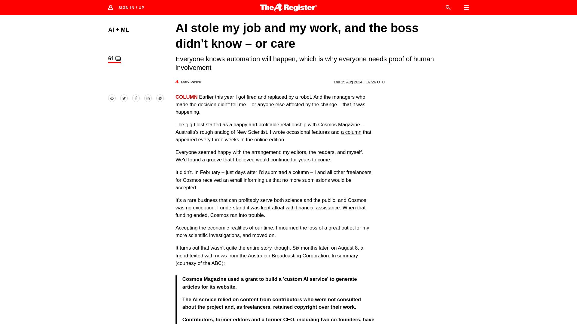 Screenshot of theregister.com: AI stole my job and my work, and the boss didn't know – or care