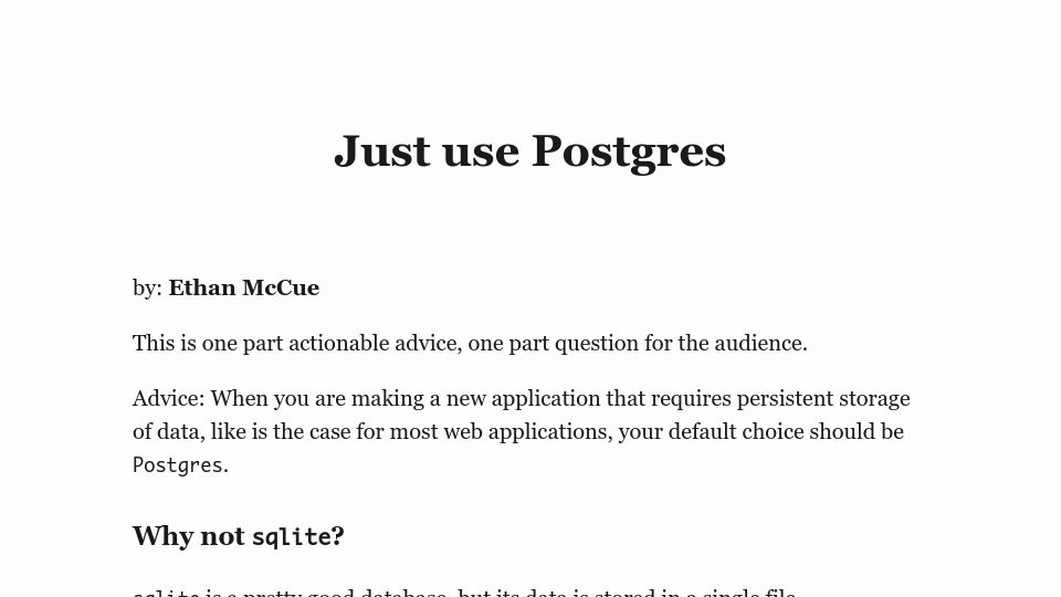 Screenshot of mccue.dev: Just use Postgres