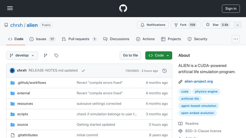 Screenshot of github.com: Alien – CUDA-powered artificial life simulation program