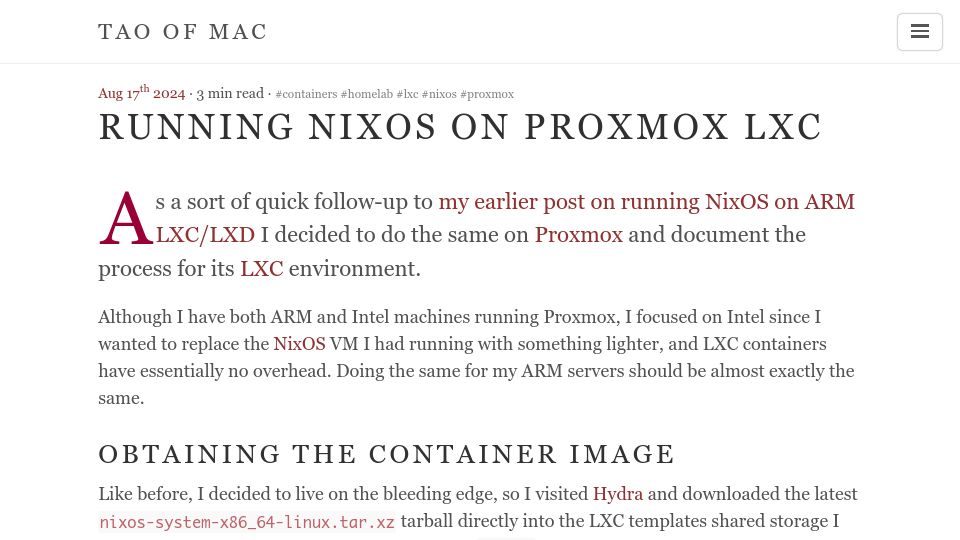 Screenshot of taoofmac.com: Running NixOS on Proxmox LXC