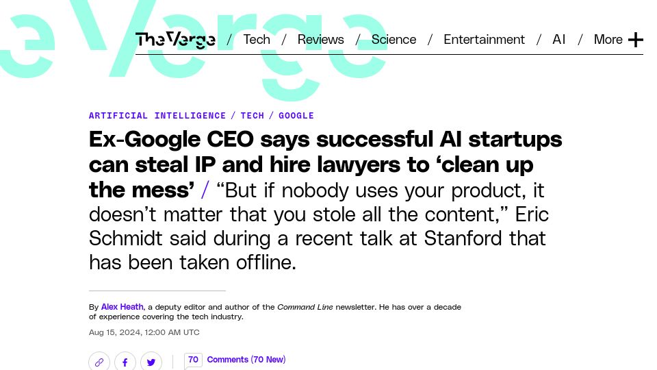 Screenshot of theverge.com: Ex-Google CEO: AI startups can steal IP and hire lawyers to 'clean up the mess'