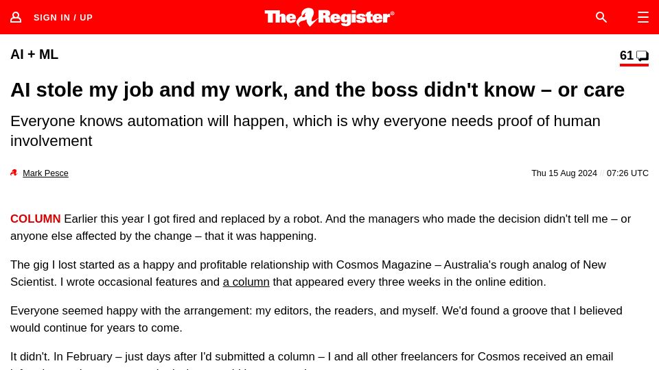 Screenshot of theregister.com: AI stole my job and my work, and the boss didn't know – or care