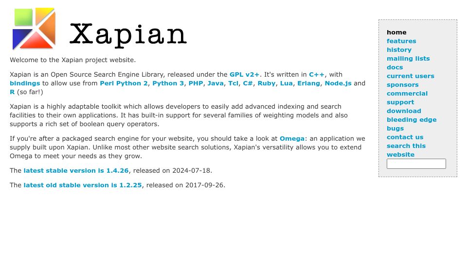 Screenshot of xapian.org: Xapian: Open source search engine library