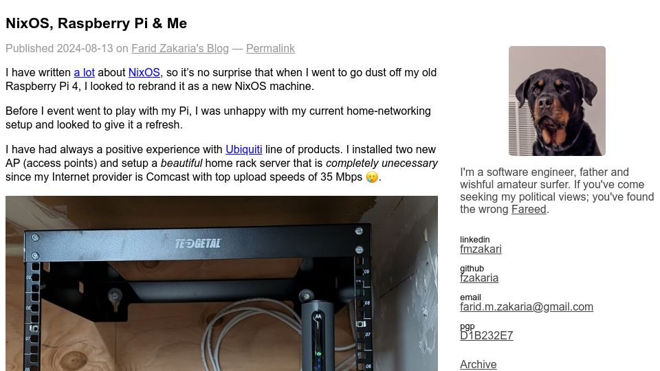 Screenshot of fzakaria.com: NixOS, Raspberry Pi and Me
