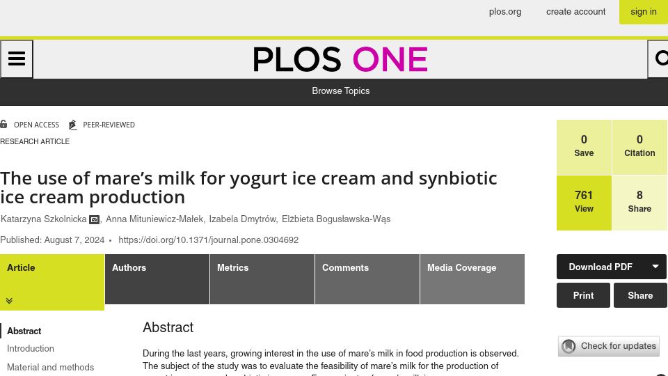 Screenshot of journals.plos.org: The use of mare's milk for yogurt ice cream and synbiotic ice cream production