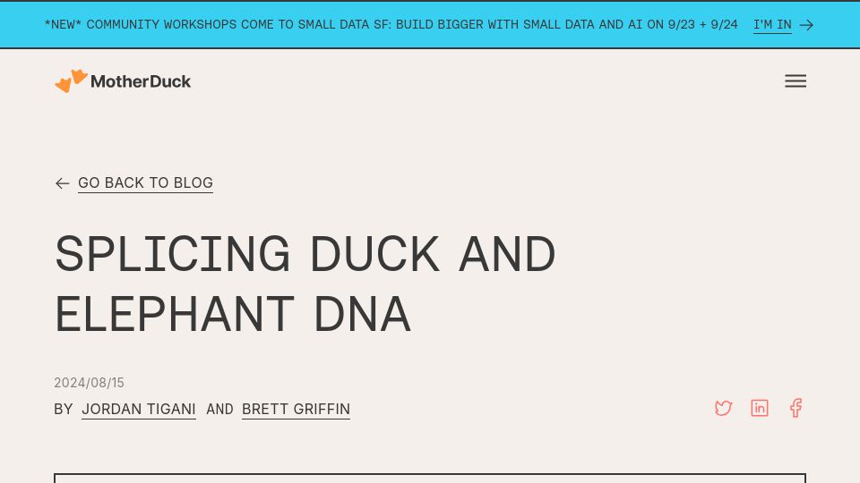 Screenshot of motherduck.com: pg_duckdb: Splicing Duck and Elephant DNA