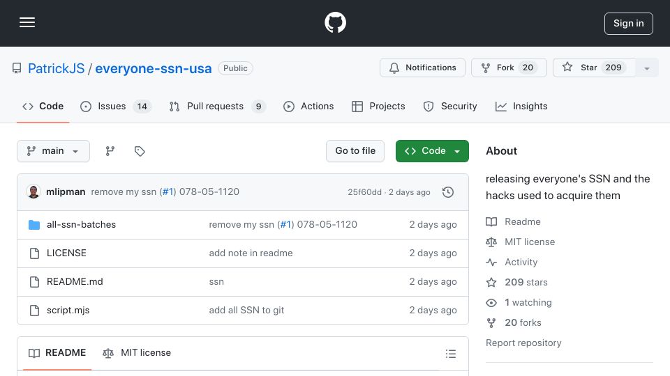 Screenshot of github.com: Releasing everyone's SSN and the hacks used to acquire them