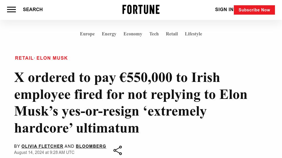 Screenshot of fortune.com: X ordered to pay €550k to Irish employee fired after yes-or-resign ultimatum