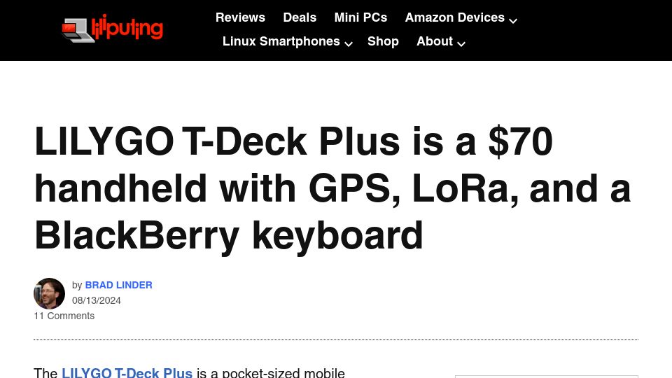 Screenshot of liliputing.com: Lilygo T-Deck Plus is a $70 handheld with GPS, LoRa, and a BlackBerry keyboard