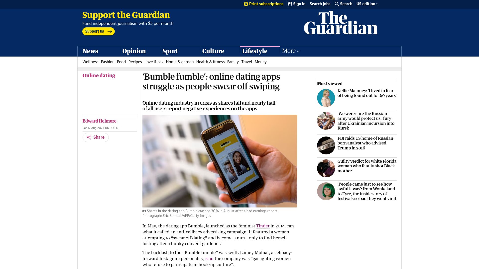 Screenshot of theguardian.com: Online dating apps struggle as people swear off swiping