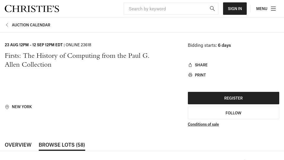 Screenshot of onlineonly.christies.com: The Living Computer Museum auction listing