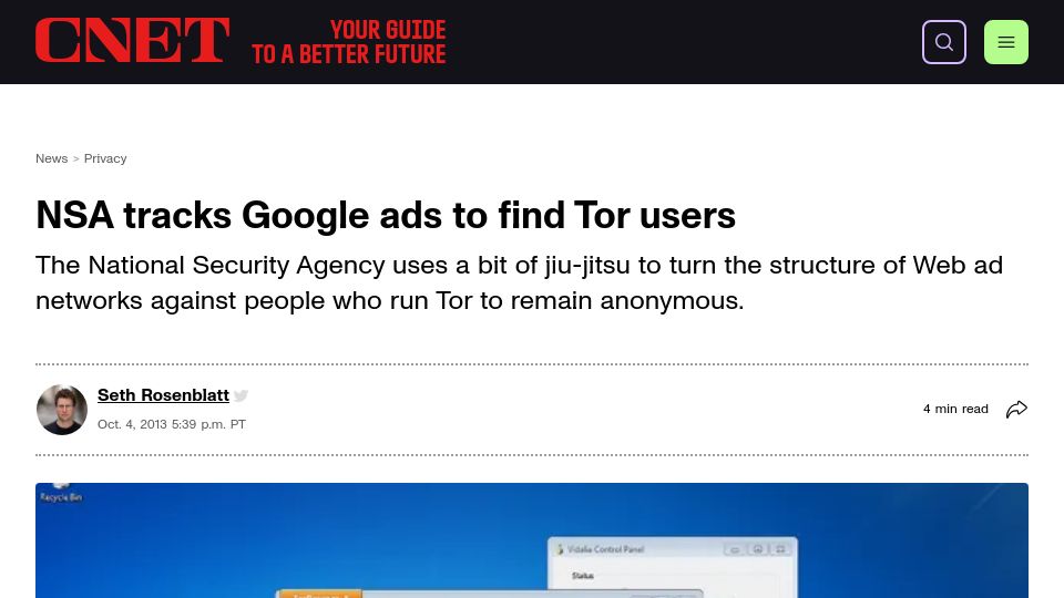 Screenshot of cnet.com: NSA tracks Google ads to find Tor users