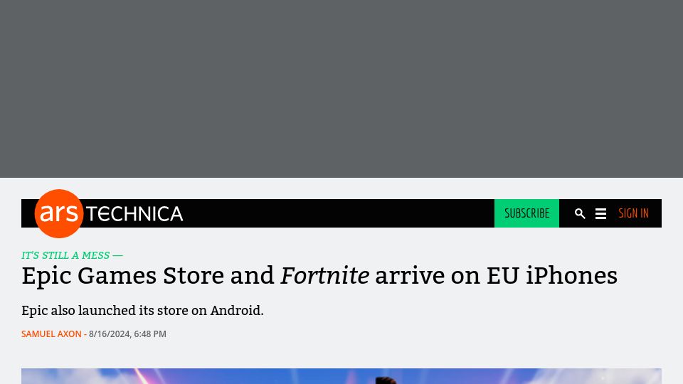Screenshot of arstechnica.com: Epic Games Store and Fortnite Arrive on EU iPhones